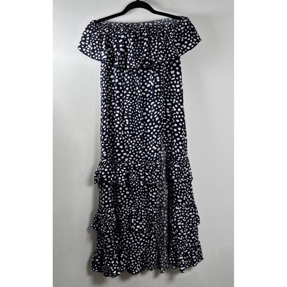 Yidarton Navy Blue White Spotted Side Cut-Out Boho Off-Shoulder Tiered Maxi M
